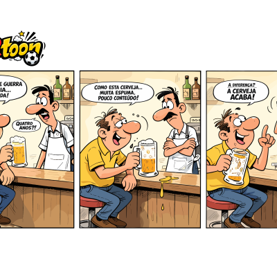 𝗩𝗔𝗥𝘁𝗼𝗼𝗻 ⚽📢#1 - A Guerra na Ucrânia (nova rubrica de humor) Banda desenhada em três painéis com dois homens num bar, cerveja na caneca, conversa sobre guerra na Ucrânia e cerveja