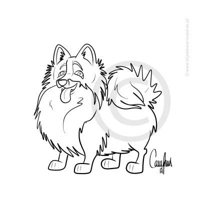 Desenho a preto e branco de um cão com cauda espessa e orelhas pontiagudas