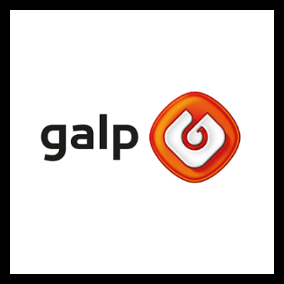 Logótipo da marca Galp com texto e ícone laranja
