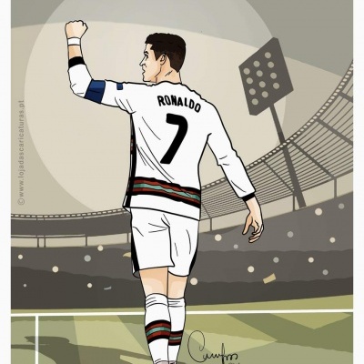 Ilustração de um jogador de futebol com camisola RONALDO 7 num estádio