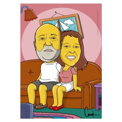 Ilustração digital de um casal sentado num sofá castanho com fundo rosa e quadro de vela