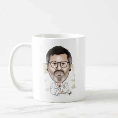 Caneca branca de cerâmica com ilustração caricaturada de homem