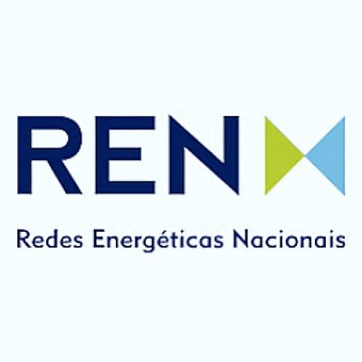 Logotipo REN Redes Energéticas Nacionais com triângulos verde-limão e azul claro