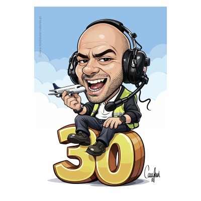 Caricatura de homem calvo com auscultadores de piloto e avião de brinquedo sentado sobre número 30 amarelo
