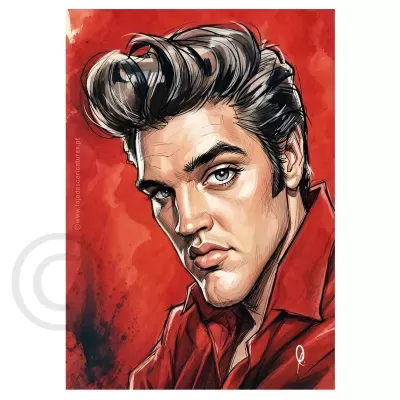 Ilustração digital de homem com cabelo escuro e ondulado e camisa vermelha sobre fundo vermelho.