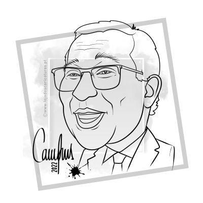 Desenho a preto e branco de um homem com óculos e assinatura 'Campbell' 2022