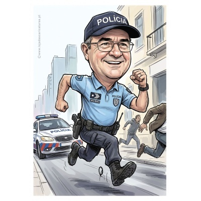Caricatura de polícia a correr com uniforme azul claro e boné preto POLÍCIA numa rua urbana com carro de polícia atrás.