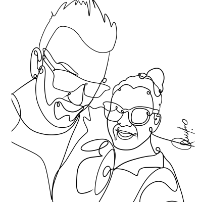 Desenho a traço único de duas pessoas de óculos de sol a sorrir
