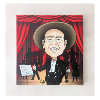 Caricatura de músico com chapéu e clarinete em fundo de palco vermelho