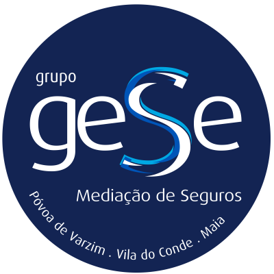 Logotipo circular azul com texto branco do grupo Gese Mediação de Seguros e localidades