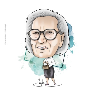 Caricatura de mulher idosa com óculos e roupa formal segurando mala castanha