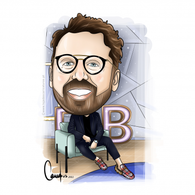 Caricatura de homem sentado a sorrir com fato azul escuro e sapatos tartan numa cadeira verde-azulada