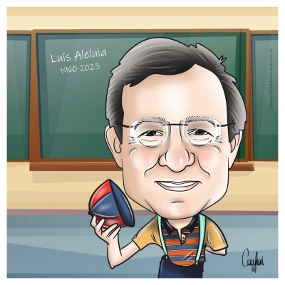 Luís Aleluia Caricatura de homem com megafone e texto Luís Aleluia 1960-2023 no quadro-negro