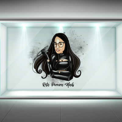 Ilustração de mulher com casaco e óculos e texto Rita Perera Nails