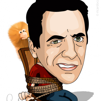 Caricatura de homem amarrado numa cadeira com marioneta felpuda nas costas, fundo branco