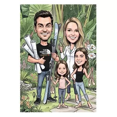 Desenho de um grupo de quatro pessoas ao ar livre, rodeadas por vegetação, segurando objetos diversos como esquis, rolos, pinça e seringa.
