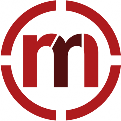 Logotipo circular com letra 'm' vermelha e castanha