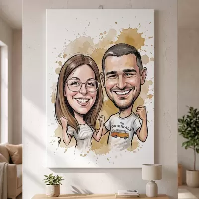 Quadro em tela com caricatura colorida de homem e mulher sorridentes com fundo bege e branco