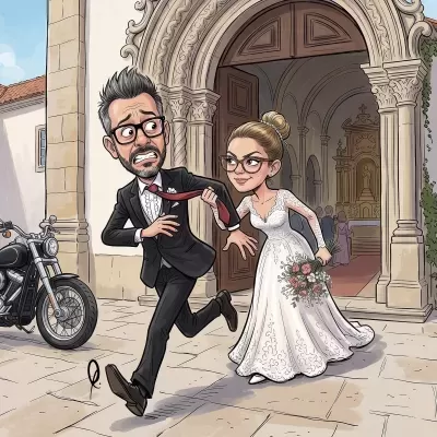 Ilustração de noivos animados em frente a igreja com detalhes arquitetónicos e uma moto