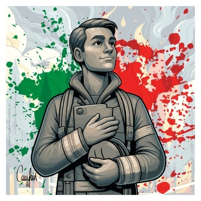 Homem com uniforme cinzento segurando capacete, fundo colorido com verde, branco e vermelho