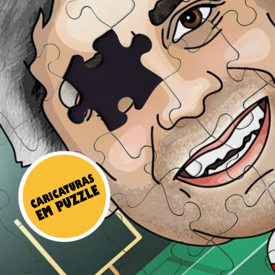 Puzzle de caricatura de homem com peça em falta e texto promocional