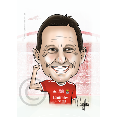 Roger Schmidt Caricatura de homem com camisola vermelha do Benfica e texto Emirates FLY BETTER