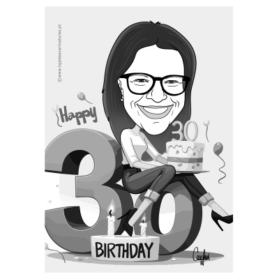 Desenho preto e branco de mulher com óculos sentada no nº 30 com bolo de aniversário