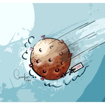 Ilustração de planeta com vírus e estação espacial em fundo azul