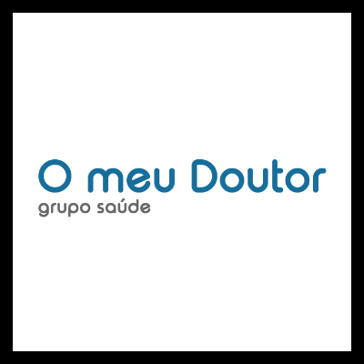 Logotipo com texto O meu Doutor grupo saúde em azul e cinza