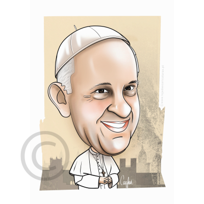 Papa Francisco Caricatura de papa com roupas brancas e solidéu, fundo bege com edifícios cinza.