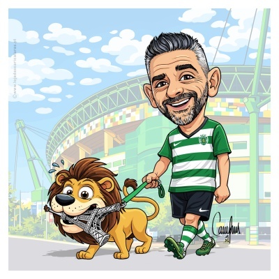 Caricatura de homem com camisola verde e branca SCP a passear com leão a segurar Torre Eiffel