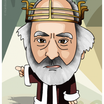 Ilustração caricatural de rei com coroa dourada e túnica castanha com golas brancas