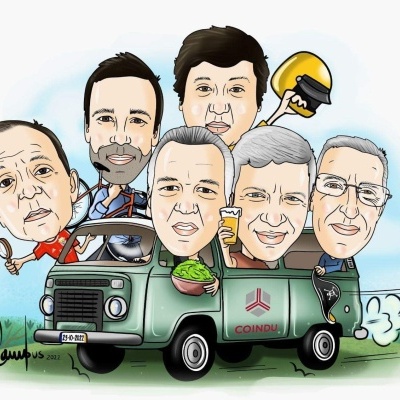 Caricatura de homens numa carrinha verde com texto COINQU
