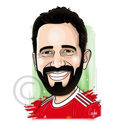 Caricatura de um homem com camisola vermelha de futebol Manchester United.