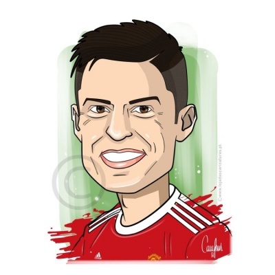 Caricatura de homem com camisola vermelha de futebol e fundo verde