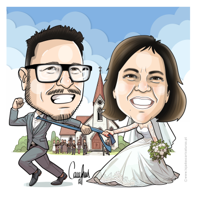 Caricatura de casal de noivos na frente de igreja com céu azul e nuvens