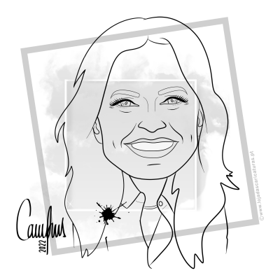 Ilustração digital a preto e branco de retrato feminino com assinatura e mancha preta