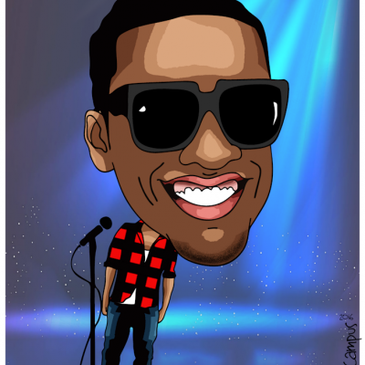 Caricatura de homem com óculos de sol a cantar num palco iluminado