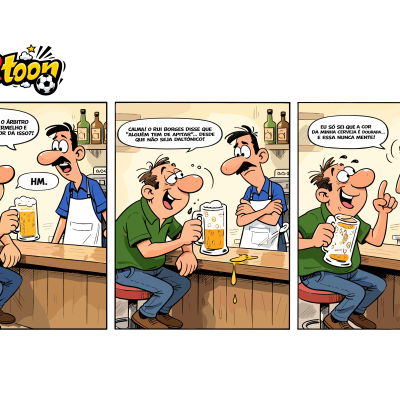 VARtoon ⚽📢 #3 - SCP vs FCP Banda desenhada VARtoon com duas personagens a conversar num bar com cerveja e garrafas no fundo