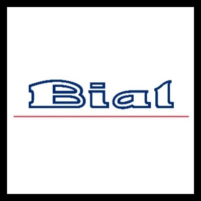 Logotipo Bial em azul com traço vermelho horizontal
