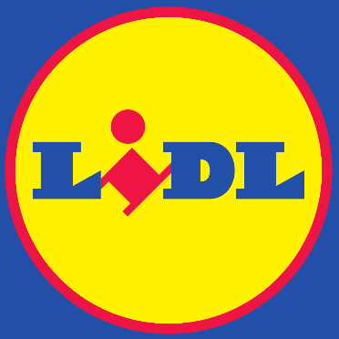 Logo circular da Lidl com letras azuis e fundo amarelo