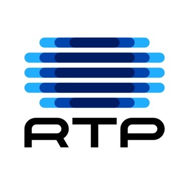 Logótipo RTP com linhas azuis horizontais e letras pretas