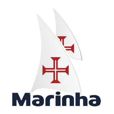 Logótipo com velas brancas e cruz vermelha com texto Marinha