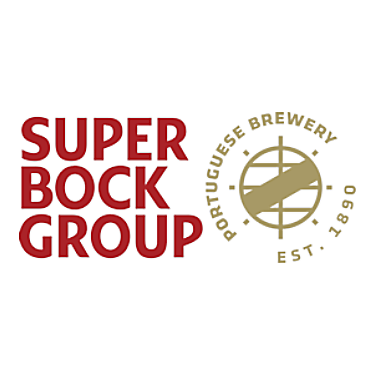 Logótipo da Super Bock Group com texto e símbolo dourado em fundo branco