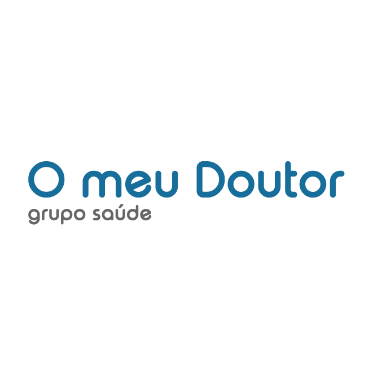 Logotipo com texto O meu Doutor grupo saúde em azul e cinza