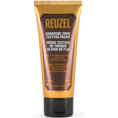 Frasco de creme para cabelo REUZEL Grooming Tonic Texture Cream dourado e preto