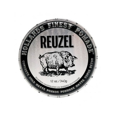 Embalagem metálica redonda prateada de pomada REUZEL com texto preto e ilustração de porco