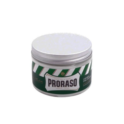 Pote de creme de barbear PRORASO com rótulo verde e tampa branca