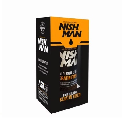 Embalagem preta e laranja de fibra de queratina para cabelo da marca NISH MAN