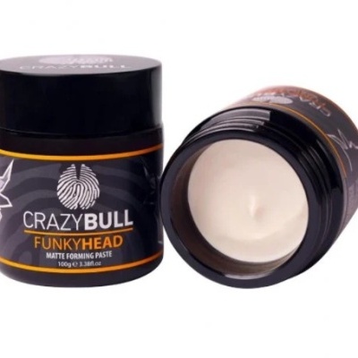 Frascos pretos de pasta modeladora CRAZYBULL FUNKYHEAD com tampa, um aberto mostrando pasta branca